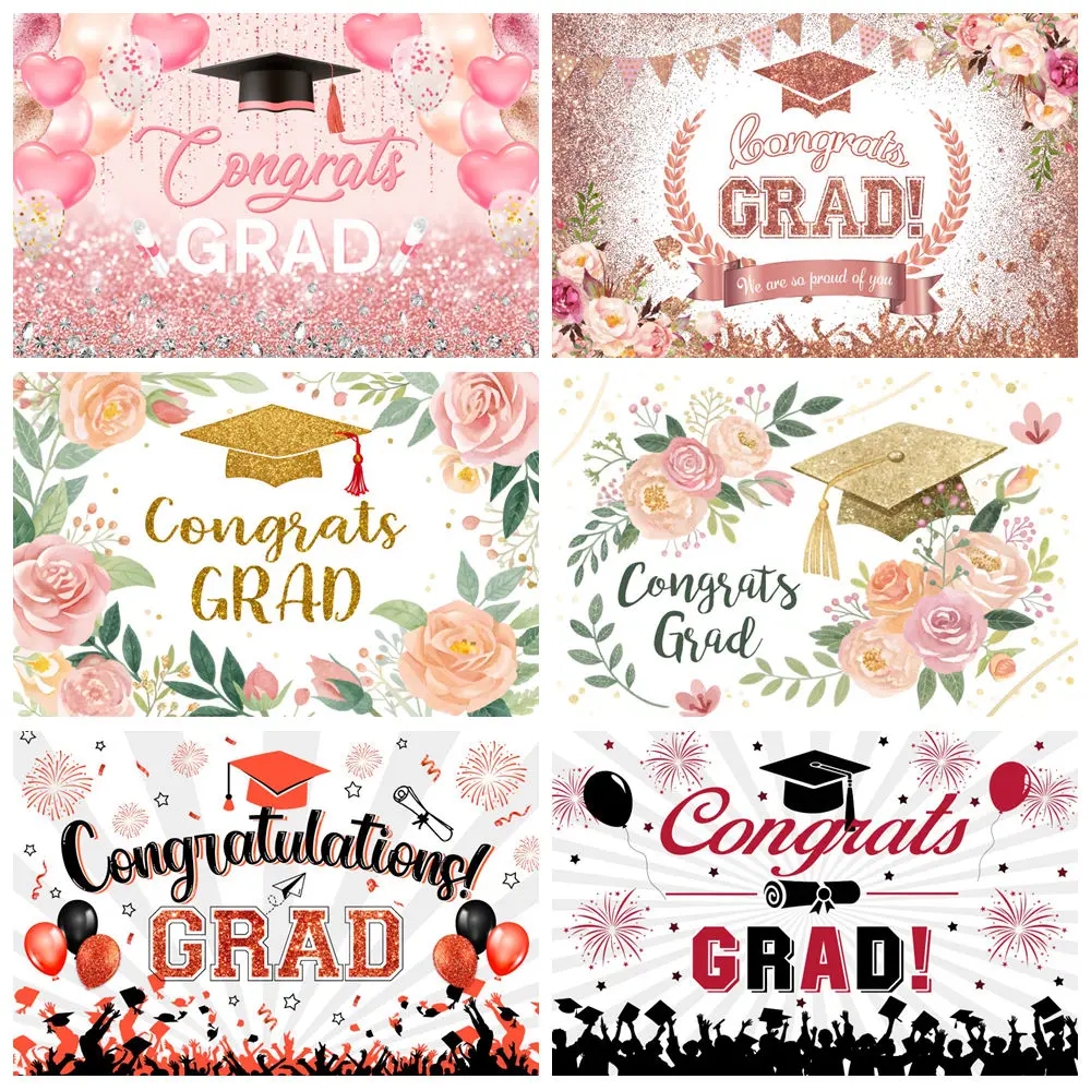 

Graduation Ceremony Party Backdrop Pink Flower Balloon Bachelor Hat Class of 2025 Congrats Grad Photography Background Photozone