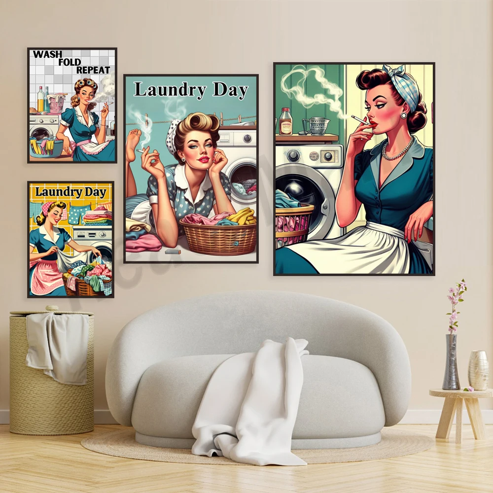 1950s vintage laundry day wall art, happy housewife smoking, laundry room decor, mid century decor, laundry room decor poster