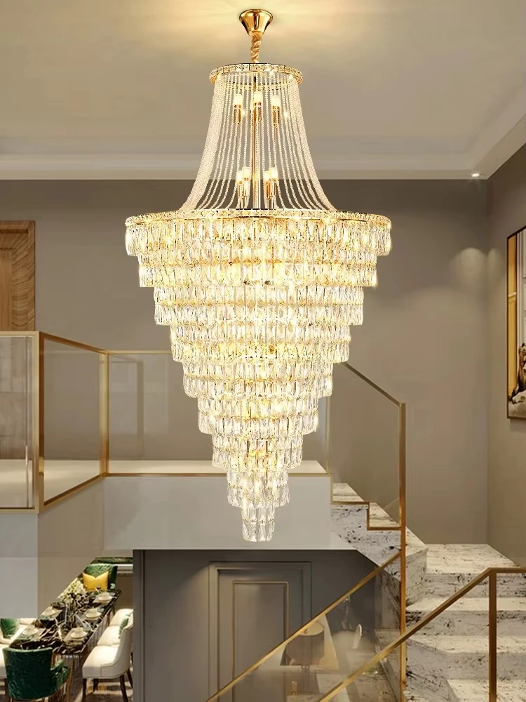 Large Ceiling Long Crystal Chandelier Hotel Lobby Living Room Luxurious Multi Story Staircase Light Golden Stainless Steel Light