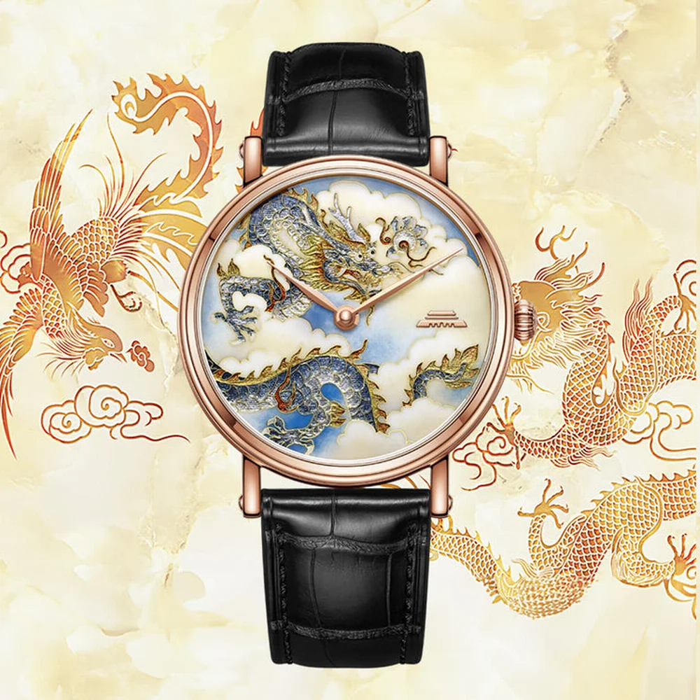 Zegarek Beijing Enamel Dragon and Phoenix 40mm, zegarek dla par, mechaniczny, automatyczny, szkieletowy, męski, damski, luksusowy zegarek.