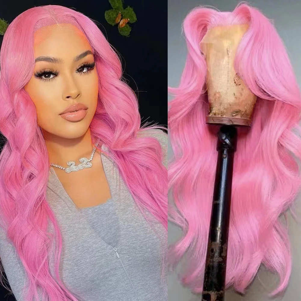 Wif Midden Deel Roze Haar Kant Front Pruik Lange Body Wave Natuurlijke Haarlijn Synthetische Pruik Hittebestendige Vrouwen Cosplay Gebruik Roze Pruik