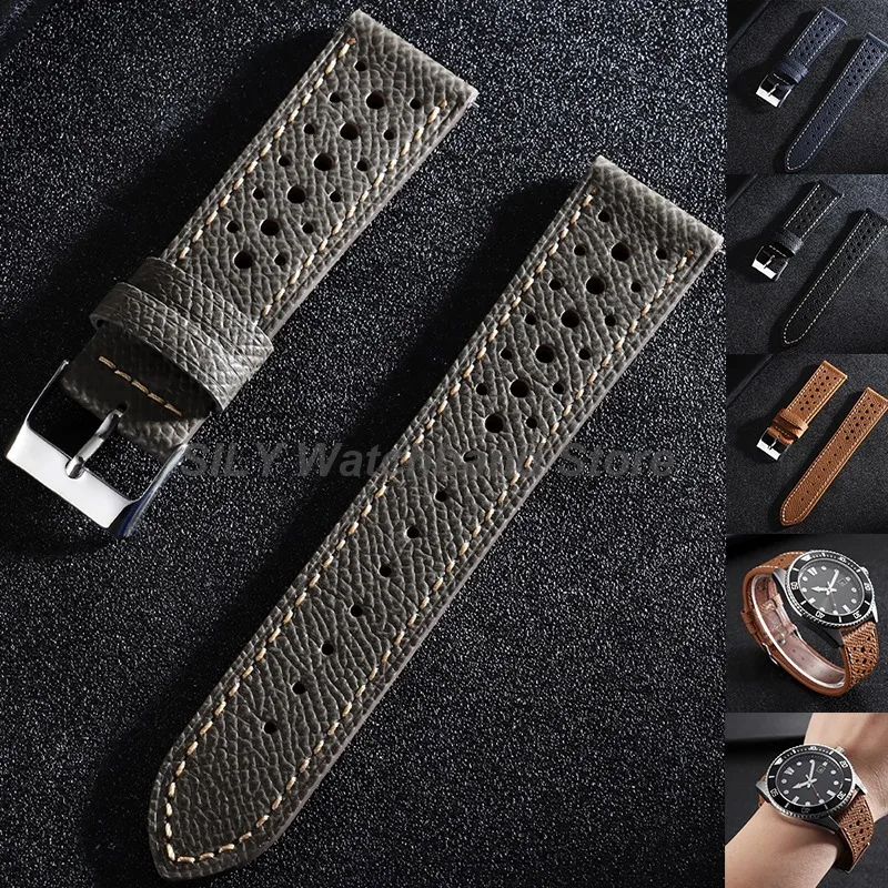 Bracelet de montre en cuir à dégagement rapide 18mm 19mm 20mm 22mm, respirant et poreux, en cuir de vachette vintage, avec boucle ardillon métallique