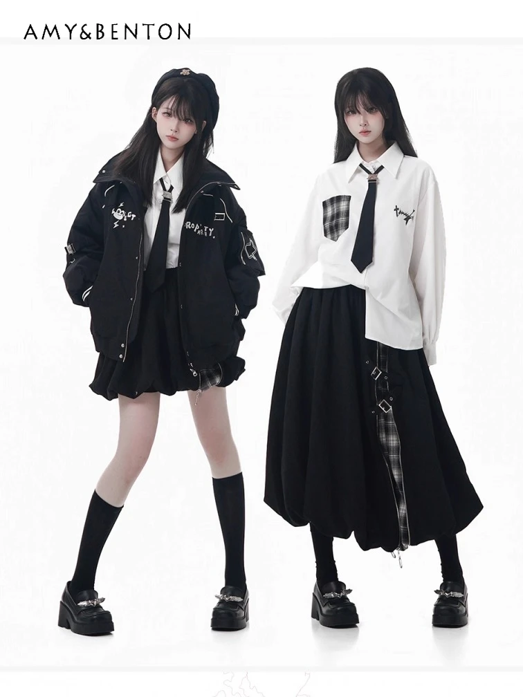 

Winter Sweet Cool Girl Cute Cartoon Embroidery Thickened Cotton Jacket Black and White Heavy Craft Shirt Flower Bud Skirt Sets