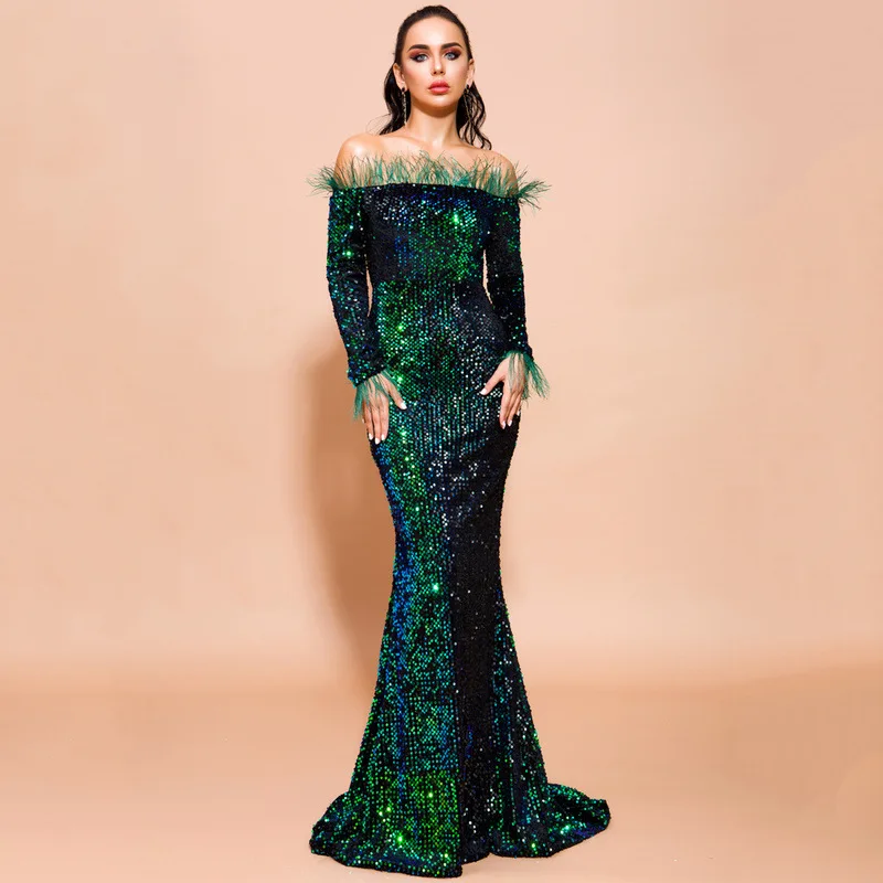 

Ele Long Feather Evening Dr Women's New Sle Svel Par Ball Gown Wedding Dr Formal Dr Cotail Dr