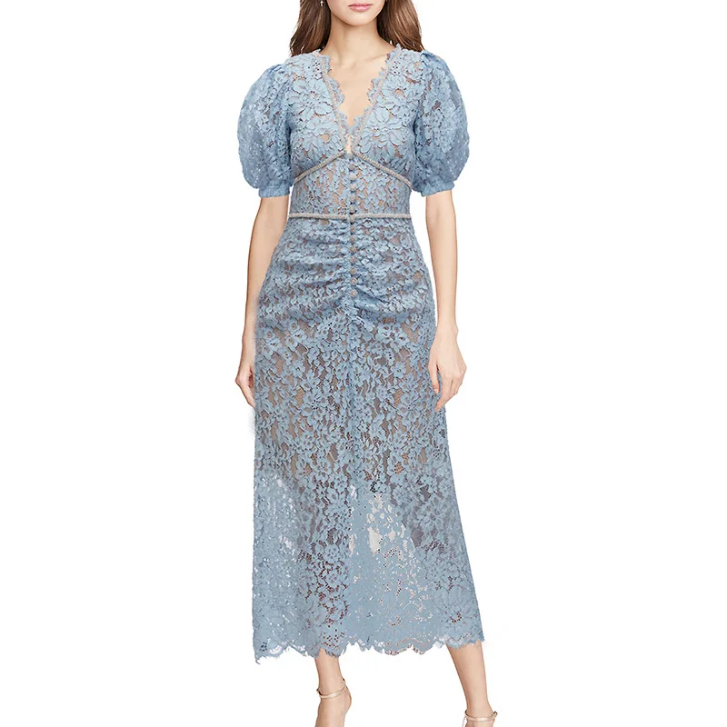 

Women's Rhinestone White Lace Puff Sleeve V-neck Long Dress