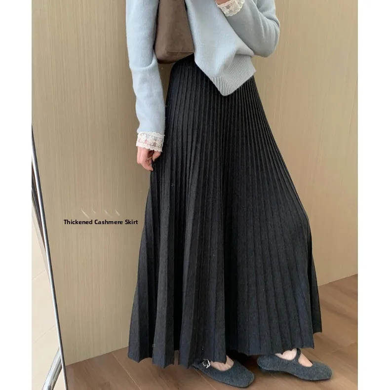 شتاء جديد ارتفاع الخصر Thiened Camere f تنورة عادية Sle المرأة تخفيف ودية مطوي تنورة طويلة Ele التخسيس