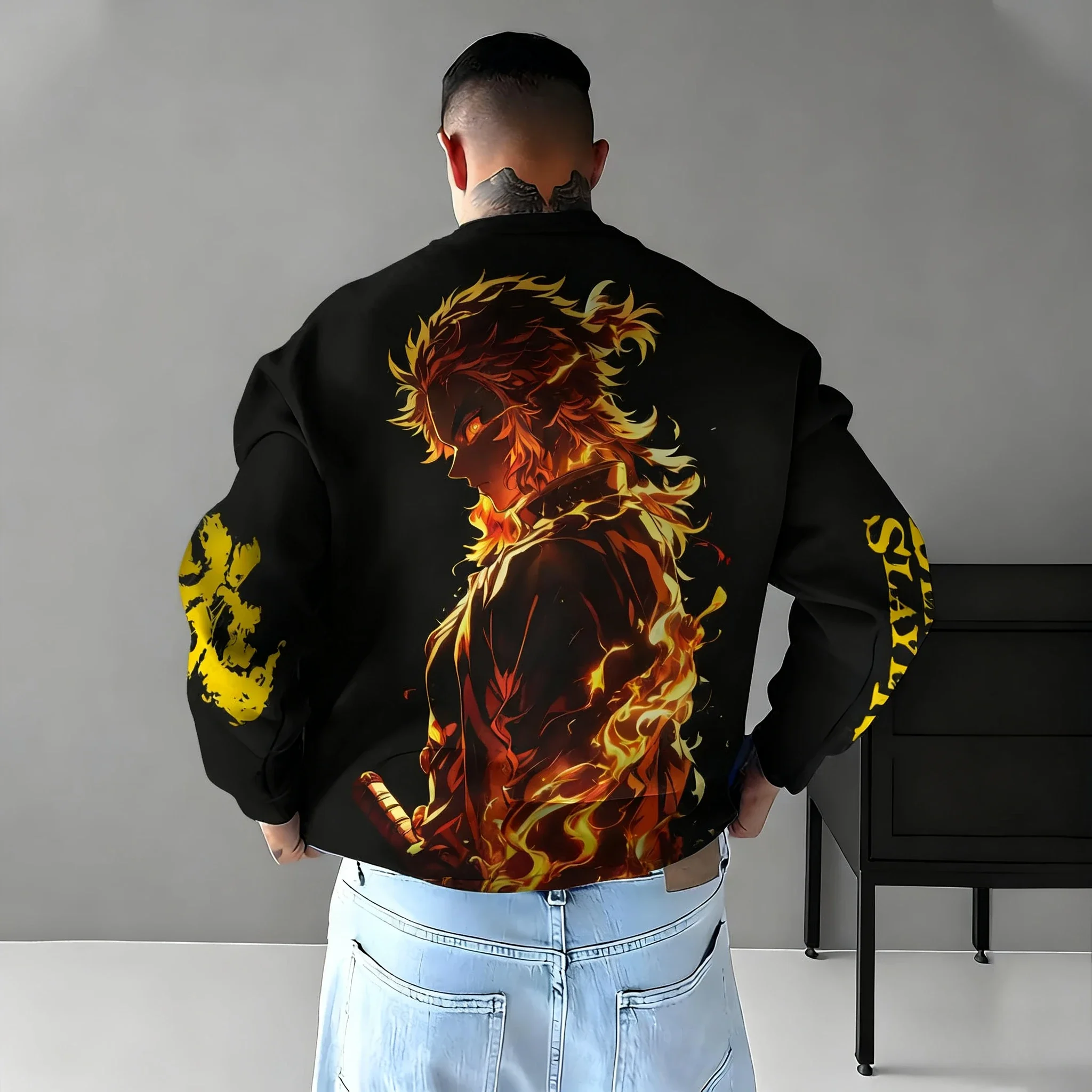 Sweat à capuche sans tête imprimé Demon Slayer Anime Rengoku Kyoujurou, automne/hiver 2026, pull ample à col rond pour hommes, Harajuku quotidien