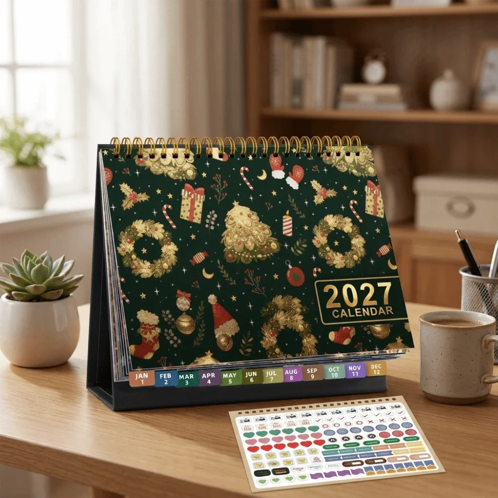 Floral Pattern 2027 Desk Calendar Standing Design Decorative Standing Flip Calendar Coil Binding Spiral Bound Table Calendar