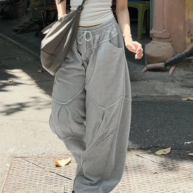 HEYounGIRL Stylish Chic Split Patchwork Women Baggy Pants Harajuku Korean Style Gray Loose Wide Leg Trousers Street Joggers