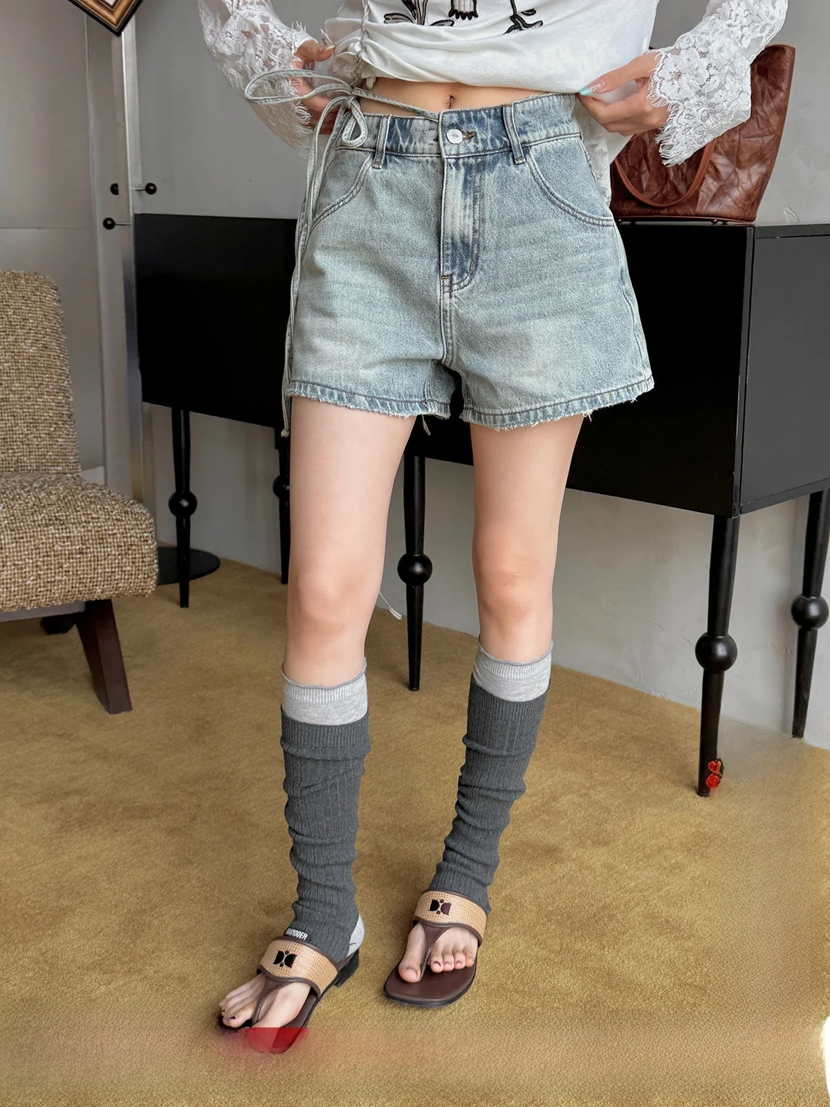 

Джинсовые шорты DEARSOCUTE из одностороннего состаренного денима, ручной работы, синие, прямые, весна-лето