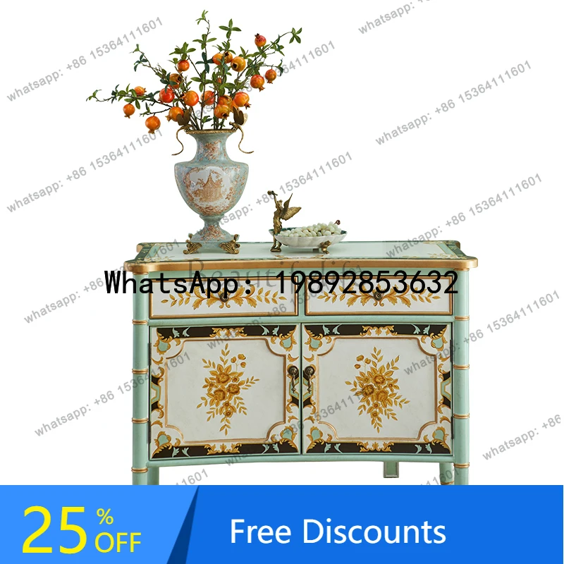 

HH French vintage solid wood sideboard luxury European art hand-painted decoration tea cabinet