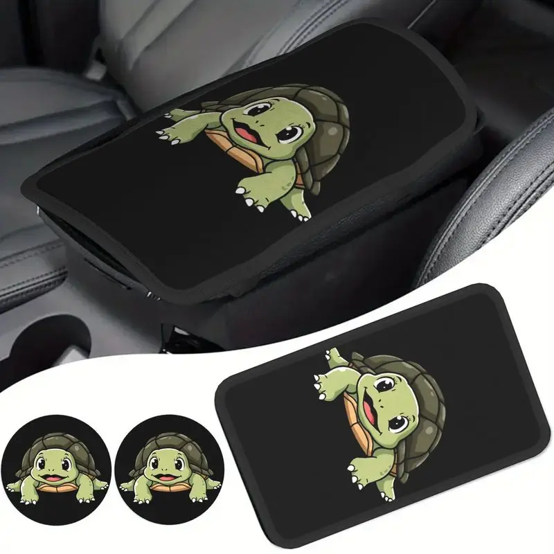1Pc Car Armrest Cover + 2Pcs Cup Coasters - Cute Cartoon Turtle Car Interior Set