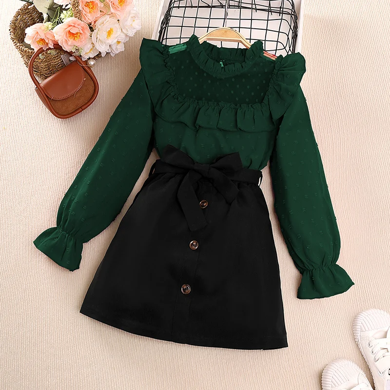 Girl's Spring Autumn Suit Solid Color Long Sleeve Lace Hollowed Out Pleated Top And Belt Button Decorated Short Skirt Casual Set