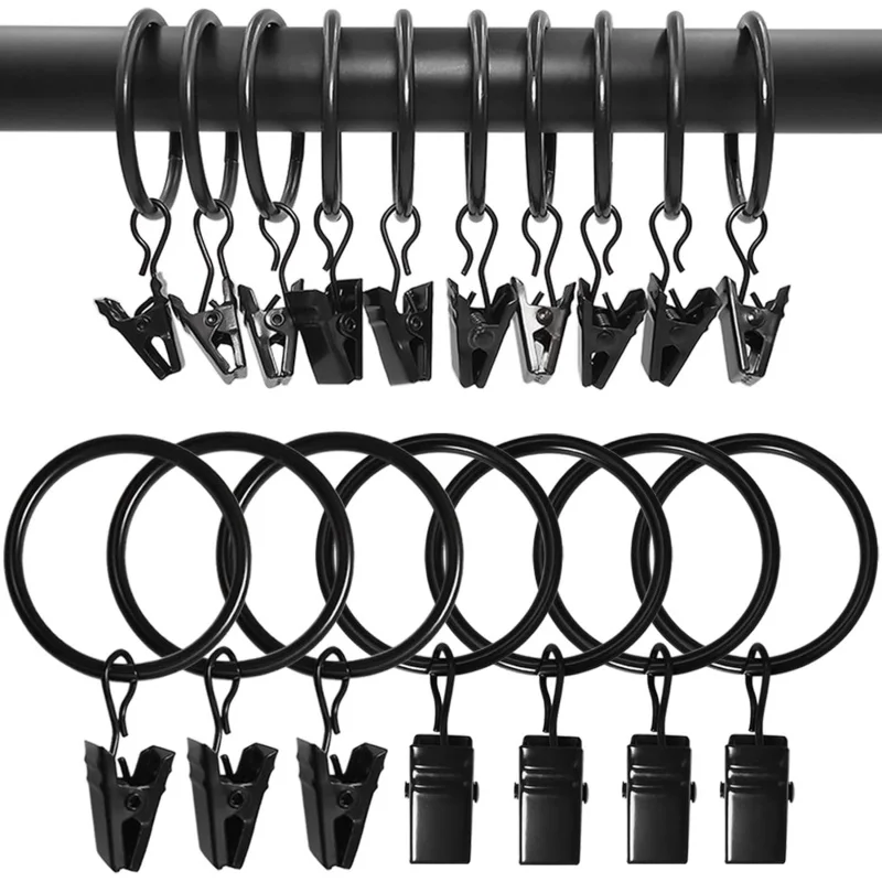 12 black circular curtain rings with clips, shower curtain hooks, curtain clips, 4mm thick inner diameter 35mm