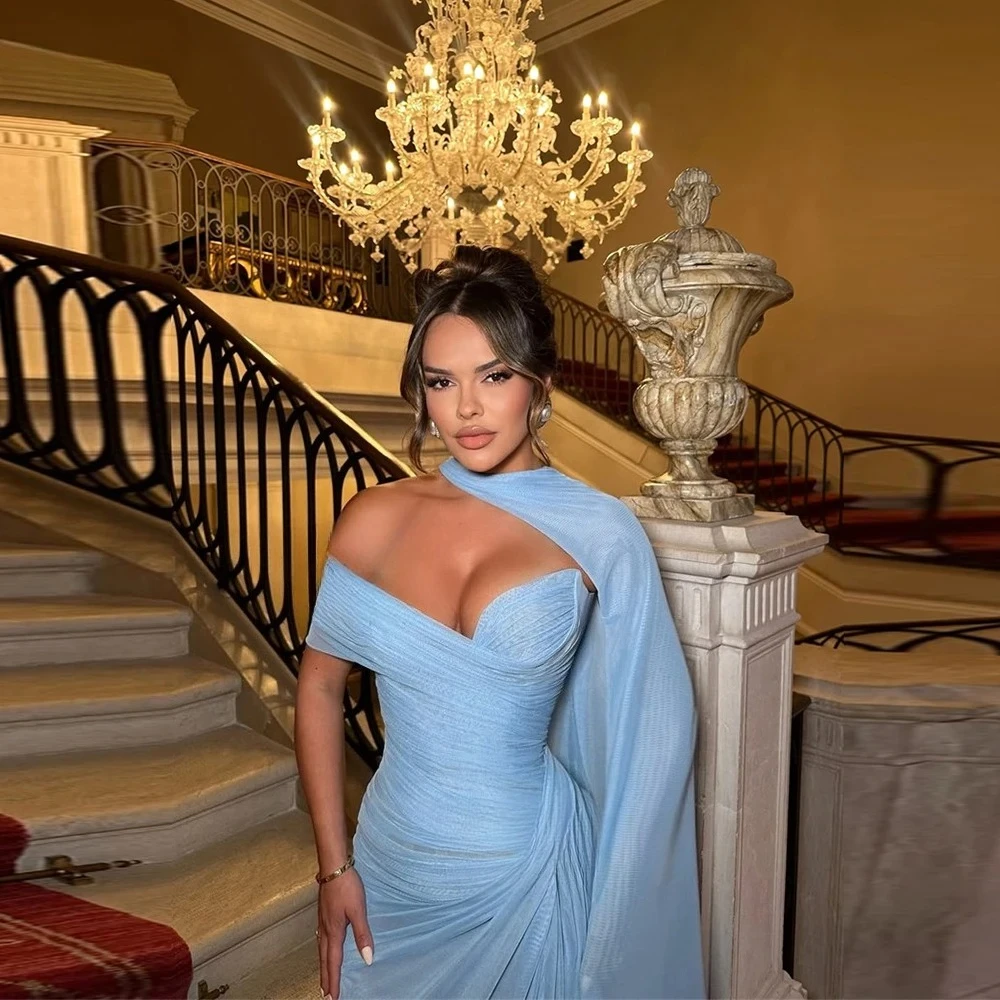 

Синие шифоновые длинные вечерние платья Милая на одно плечо Шарф Пром платья Плиссированные вечерние платья Русалка Дубай Пром платье на заказ