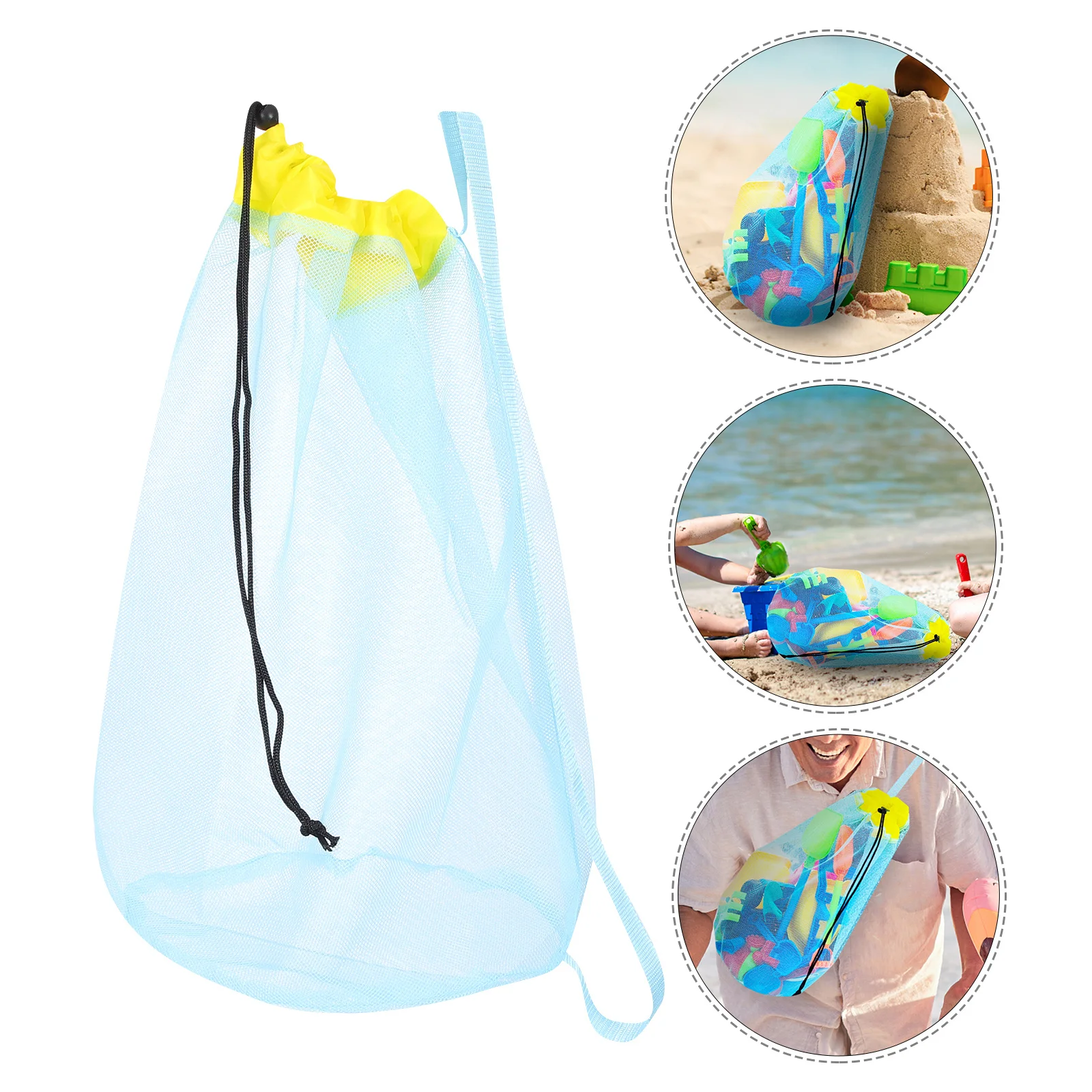 

Stylish Polyester Beach Bag Drawstring Pouch for Kids Sand Tools Durable Smooth Texture Mesh Design Tote Kids Beach Bag