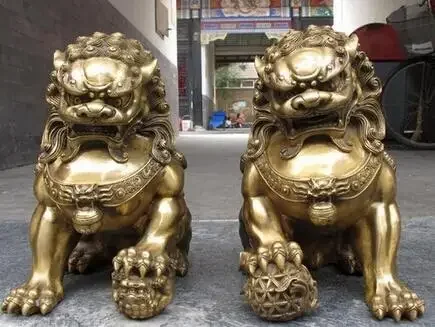 China regius Pure Brass Door talisman Fu Foo Dog Evil Guardian Lion statue Pair