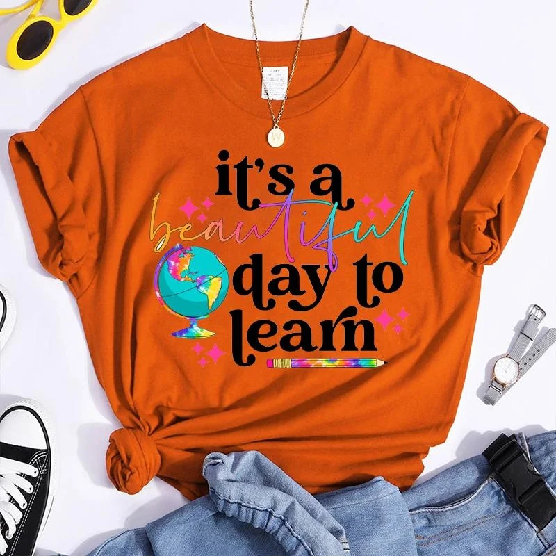 It\'s a Beautiful Day to Learn T-Shirts Summer Casual Round Neck Comfy Short Sleeve Shirt Teacher Appreciation Week Tees