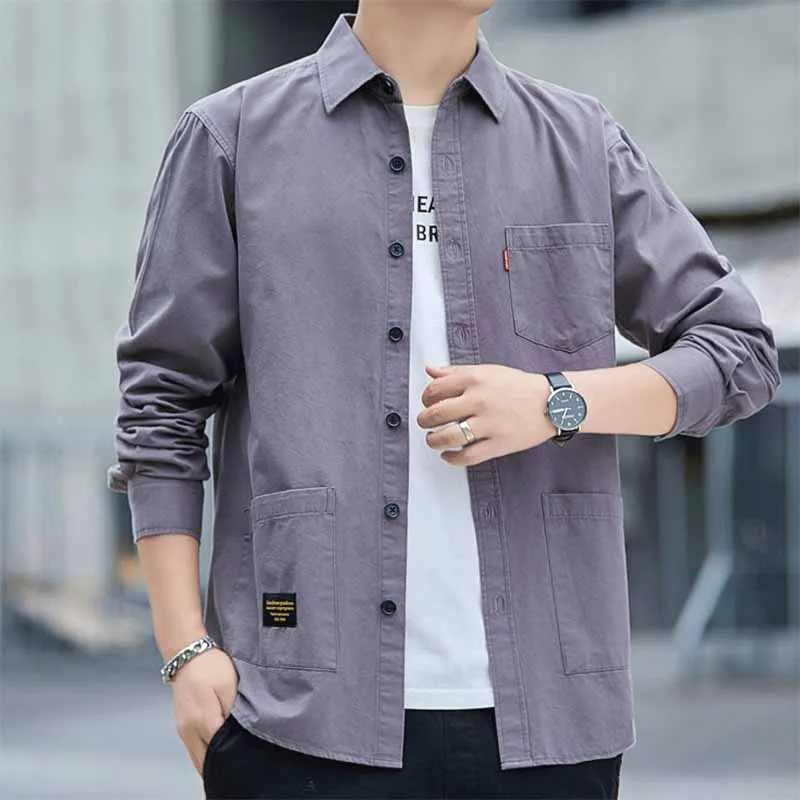 Casual Cotton Oxford Mens Shirts Washed Long Sleeve Pockets Design Regular Fit Shirt 2025 Spring Autumn Basic Men's Clothing