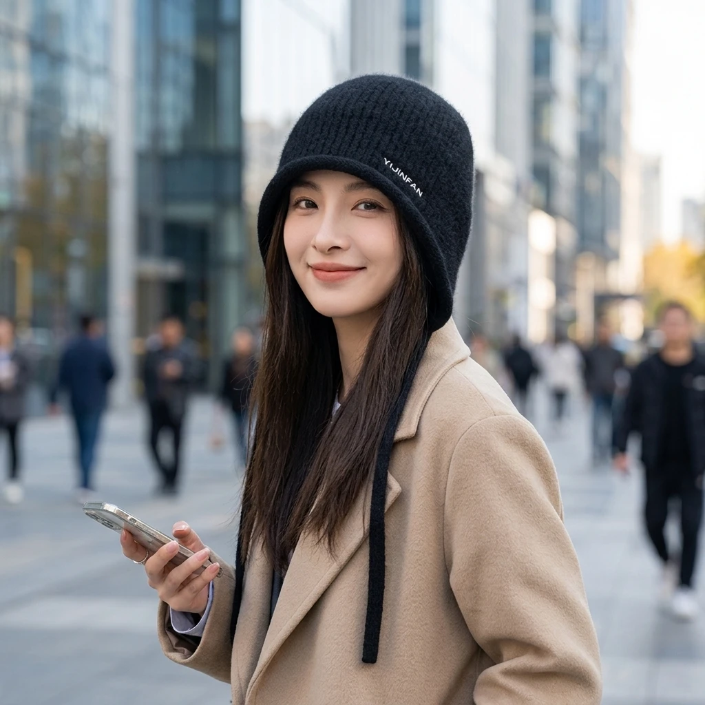 Knit Hat Faux Rabbit Fur Thermal Beanie Ear Flap Warm Winter Cap for Outdoor Commute Daily Wear Soft Thickened Headwear