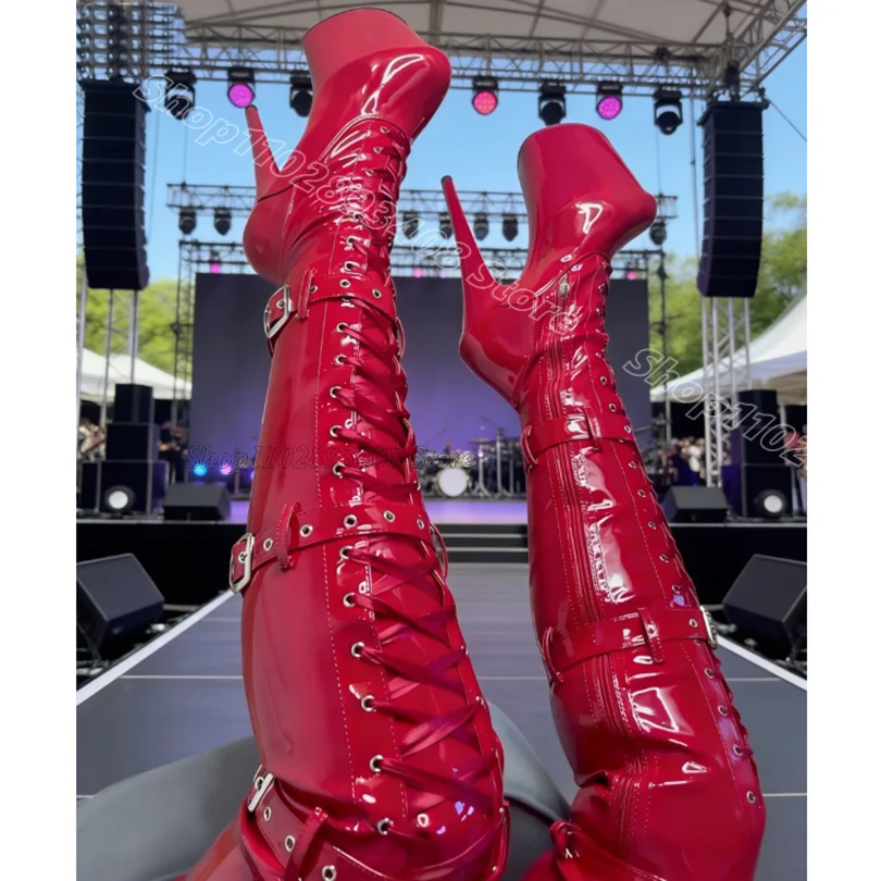 Black Platform Buckle Decor Boots Solid Stiletto Performance Patent Leather Women Party Dancing Sexy Boots Zapatos Para Mujere