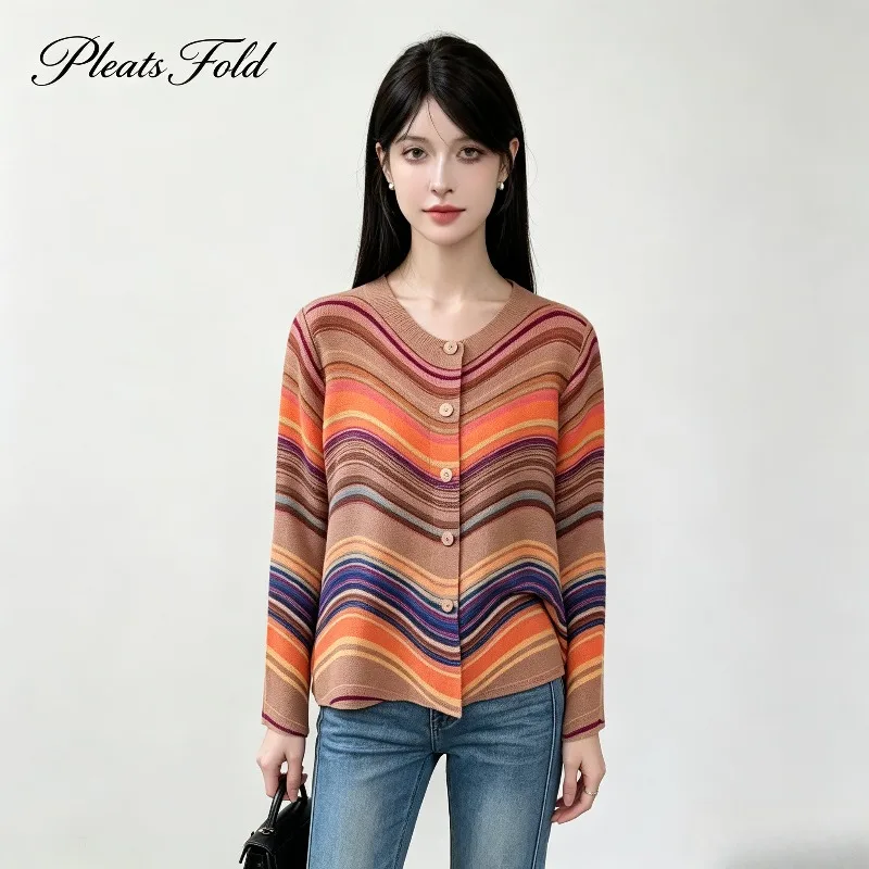 Miyake Pleated 2026 New Spring Colorful Wave Striped Cardigan Women's Long Sleeve Single-Breasted Top Versatile Jacket Pleat