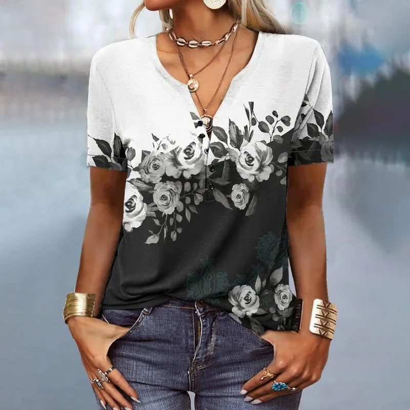 Button V-Neck Women Blouses Fashion Graphic Print Shirts Summer Short Sleeve Tops Oversized Blouse Harajuku Female Clothes y2k