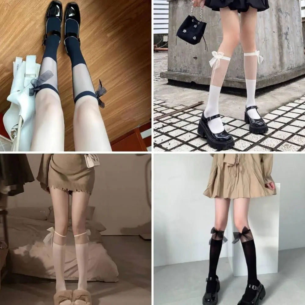 JK Woman Black White Lolita Long Socks Summer Thin Knee High Socks Fashion Cosplay Sexy Nylon Transparent Stockings