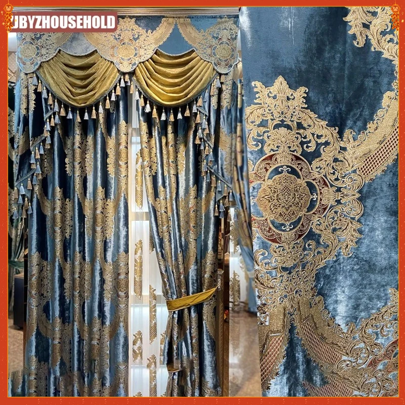 

European luxury blue curtains for living room high-end chenille velvet embroidered curtains for bedroom dining room valance