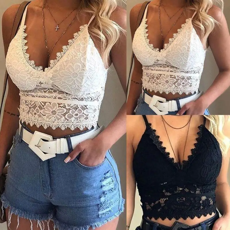31BF Women Sexy V-Neck Bralette Hollow Out Seamless Floral Lace Crop Top Wireless Padded Camisole