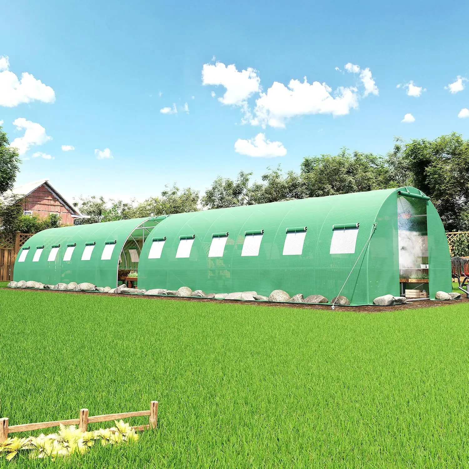44x10 FT Green Walk-in Tunnel Greenhouse with Watering System, Customized