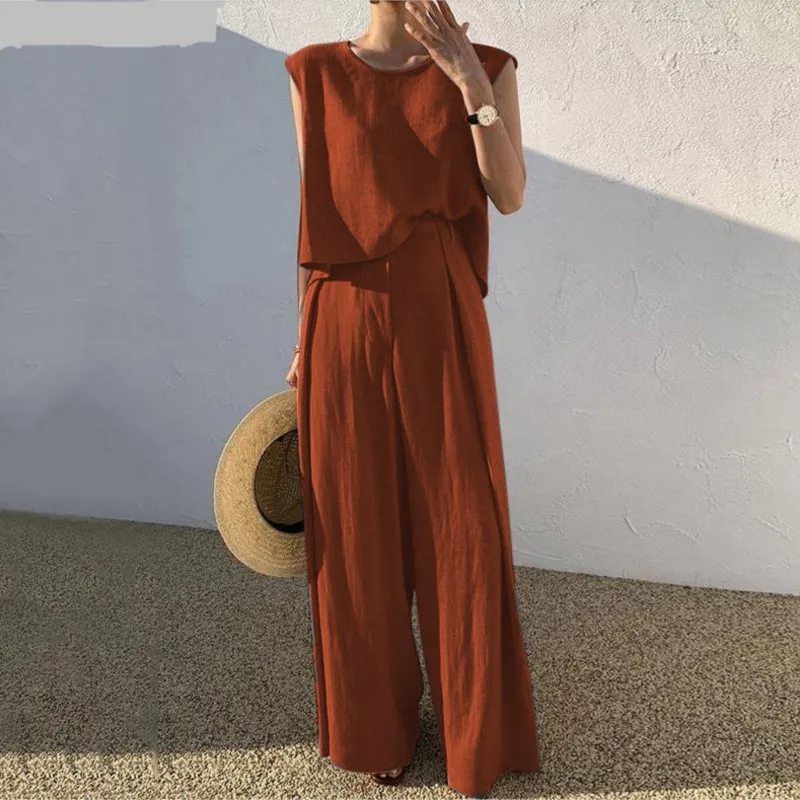 Women's Suits Summer Sleeveless O-Neck Tank Tops Wide Leg Pants Two Piece Sets Female Fashion Casual Solid Loose Suits for women