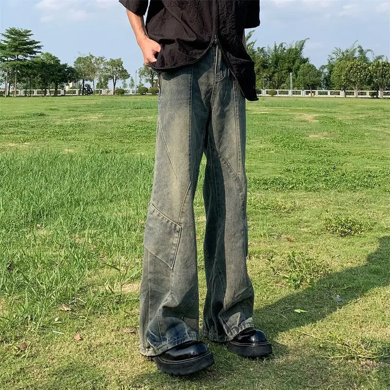 

Cleanfit Washed Retro Old Wide Leg Jeans Men's American High Street Splicing Design Sense Straight Pants