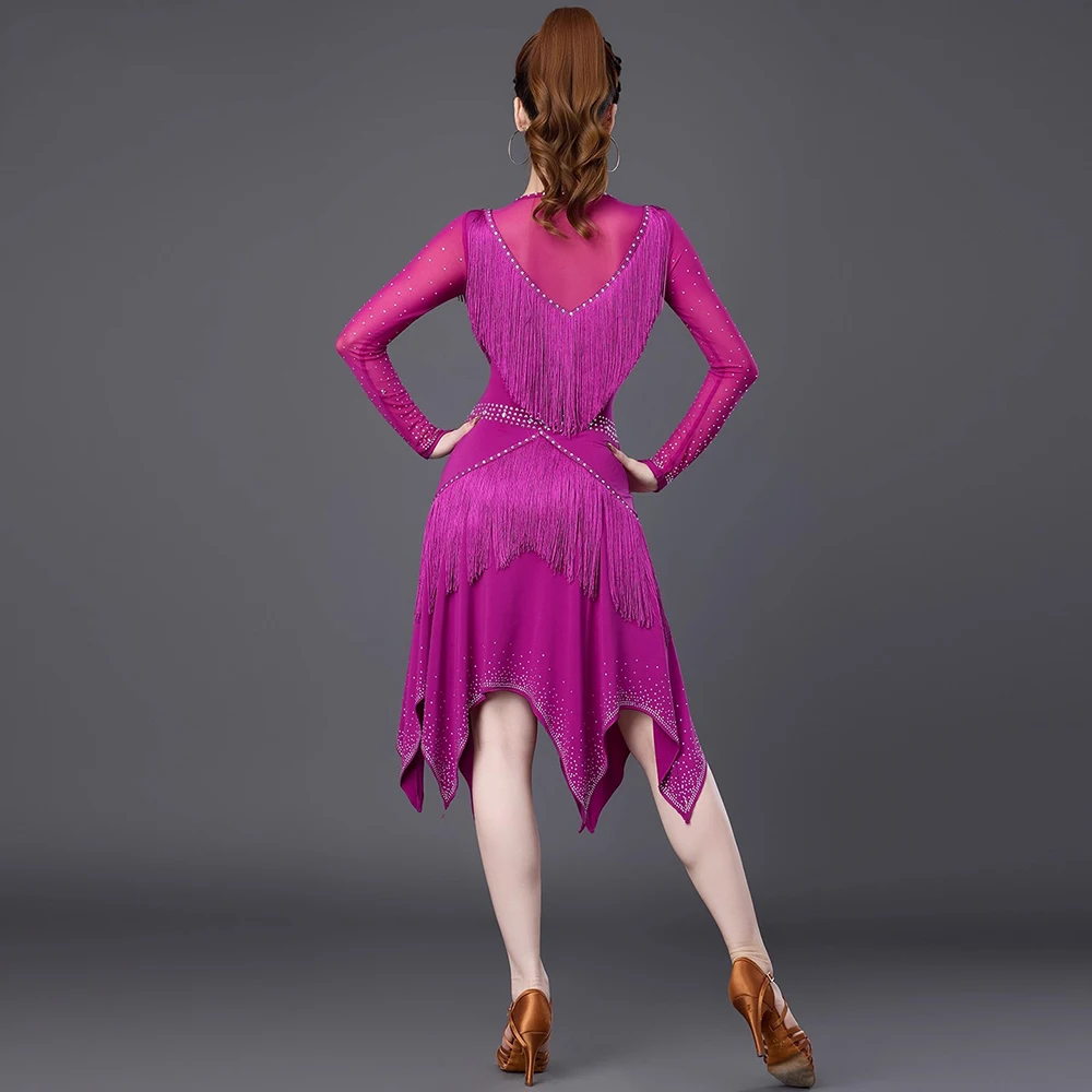 여성용 라틴 댄스 드레스 프린지 살사 룸바 차차 댄스웨어 긴 소매 볼룸 대회 드레스