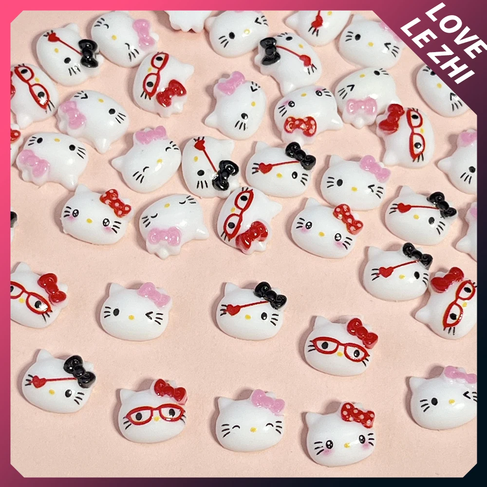 20Pcs Mixed Kawaii 3D Hello Kittys Nail Charm Party Sticker Cat's Head Pink Bowknot Resin Nail Accessories Girl Party Sticker