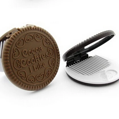 GU435 New arrivals Women Makeup Tool Pocket Mirror Makeup Mirror Mini Dark Brown Cute Chocolate Cookie Shaped With Comb Lady