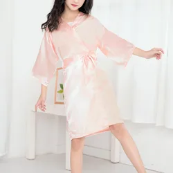 2~9 Years Bathrobes Kids Girls Solid Silk Satin Kimono Robes Summer Sleepwear Toddler Baby Girl Nightgown Clothes Bow Dress 5t