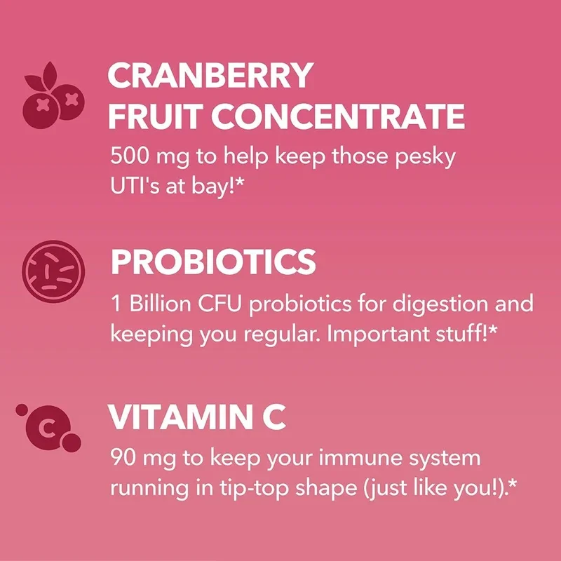 علكة التوت البري UTI Probiotics التي تحتوي على 1 مليار CFU مكملات التوت البري تخفف من مسار البول الأنثوي توازن PH الصحي