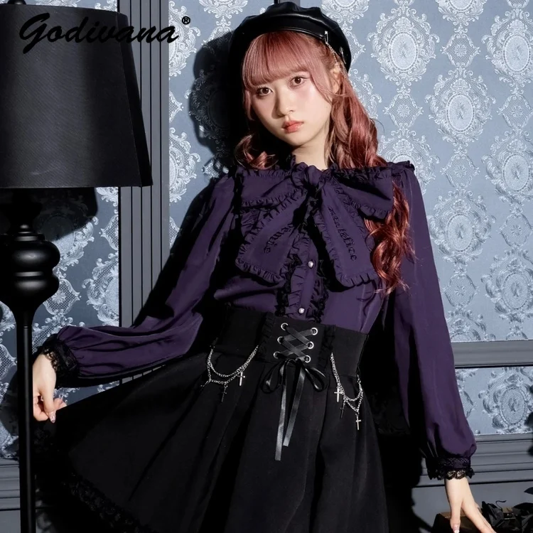 New Autumn Japanese Mine Series Mass Production Lace-up Bow Collar Long-sleeved Embroidered Shirt Girl Women's Lolita Blouse Top