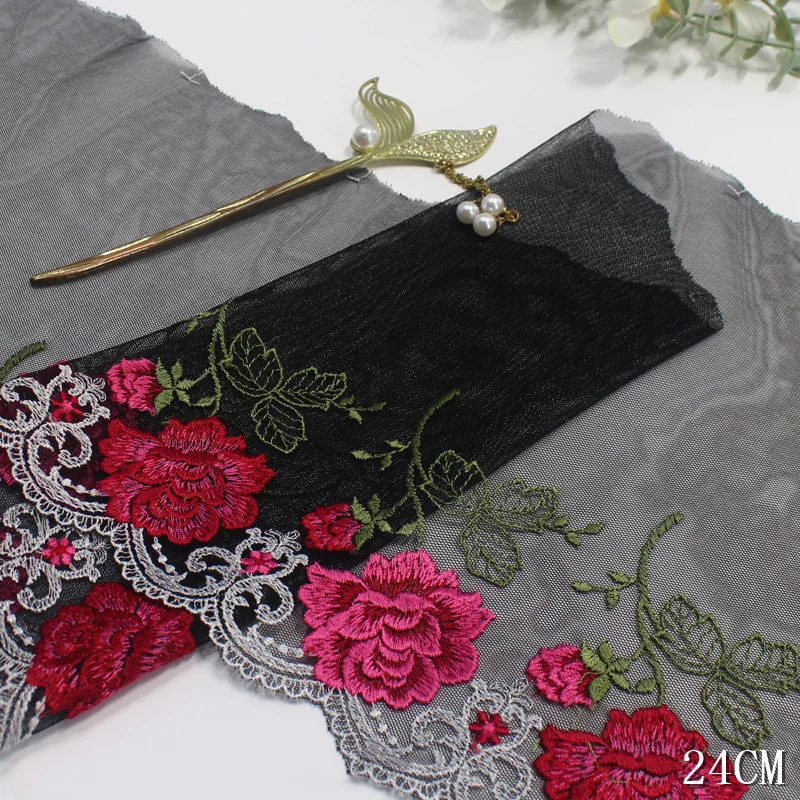 1Meter Black Mesh Tulle Embroidery DIY Lace Trim For Garments Underwear Bra Wedding Doll Clothing 24cm Wide