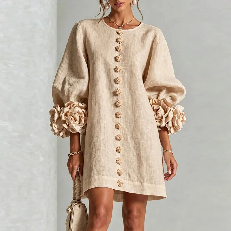 3D Flower Cuff Mini Dress Women Round Neck Bubble Long Sleeve Buttons Loose Solid Dress Elegant Wedding Guest Casual Short Dress