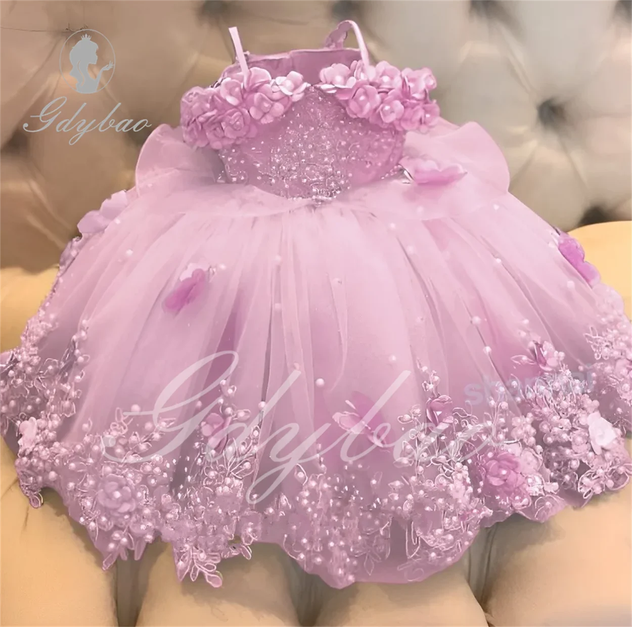 

Pink Tulle Flower Girl Dress For Wedding 3d Applique Puffy With Pearls Baby Kids Birthday Party Ball First Communion Gowns