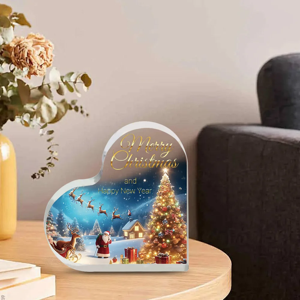 Snowy Night Christmas Village Heart Acrylic Sign, Light‑Up Xmas Tree Desktop Ornament