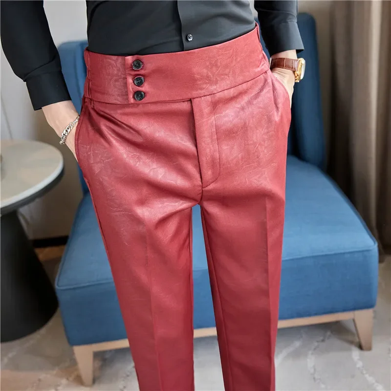 2024  Fashion Glossy Jacquard Design Mens Suit Pants,High Feeling Naples High Waist Casual Straight Leg Trousers Black Red Brown