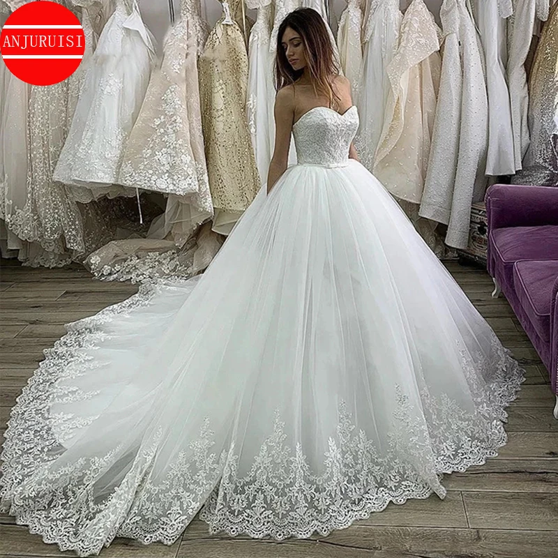 

Strapless Princess Ball Gown Wedding Dresses For Women 2023 Bride Lace Appliques Vestidos De Novia Suknia Ślubna Robe Mariage