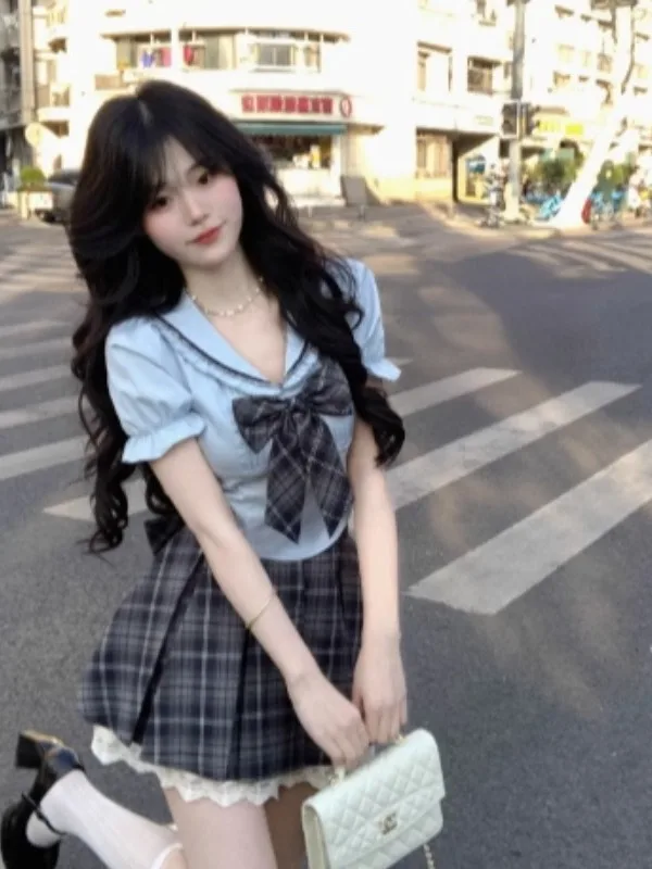 

plus Size Women's irt Skirt Set Navy Collar Plaid Pleated Knot Briti College Sle Polyester Fiber ort Sve