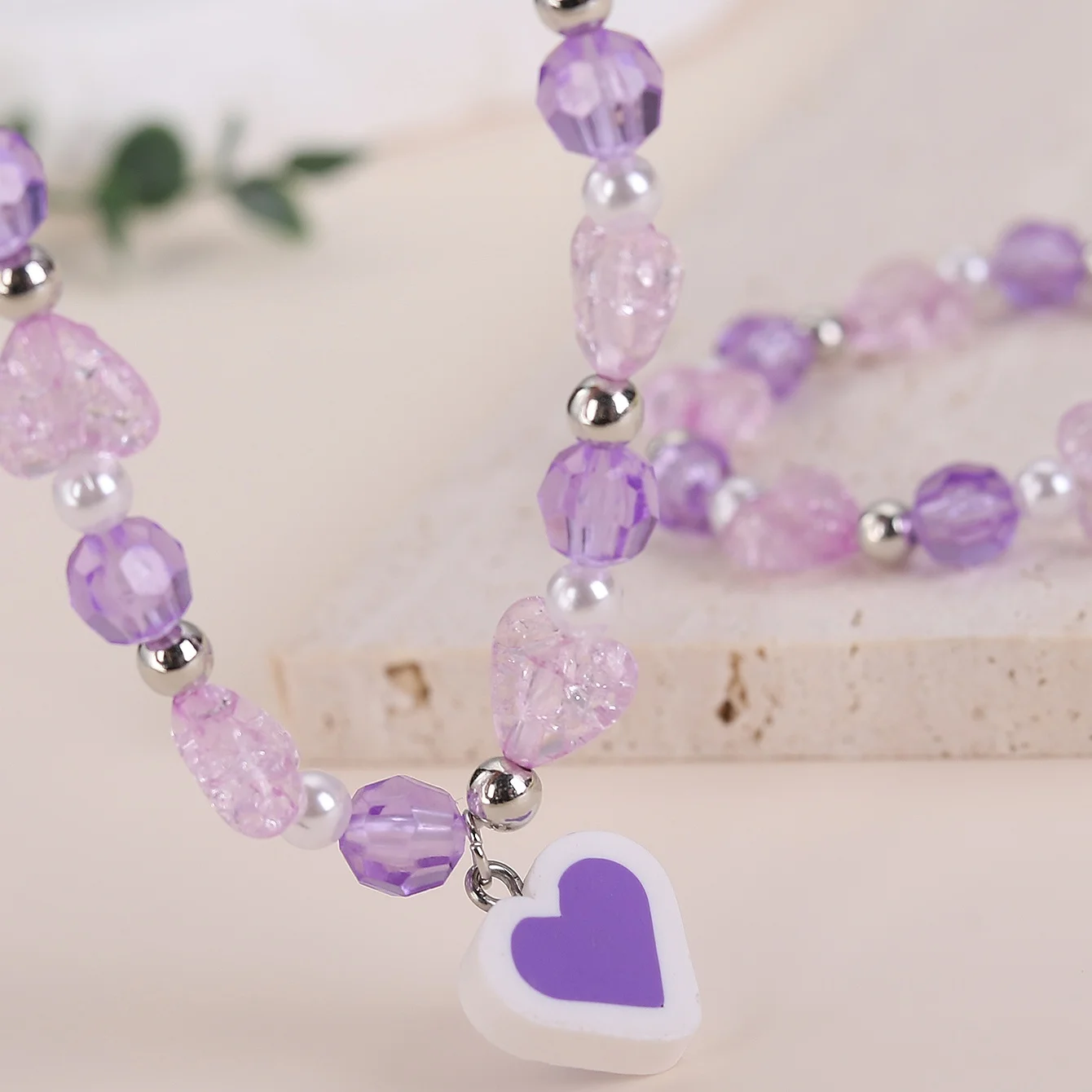 الأطفال الأرجواني كريستال على شكل قلب قلادة سوار دعوى لطيف مطاطا مطرز قطعتين مجموعة هدية صديق جيد