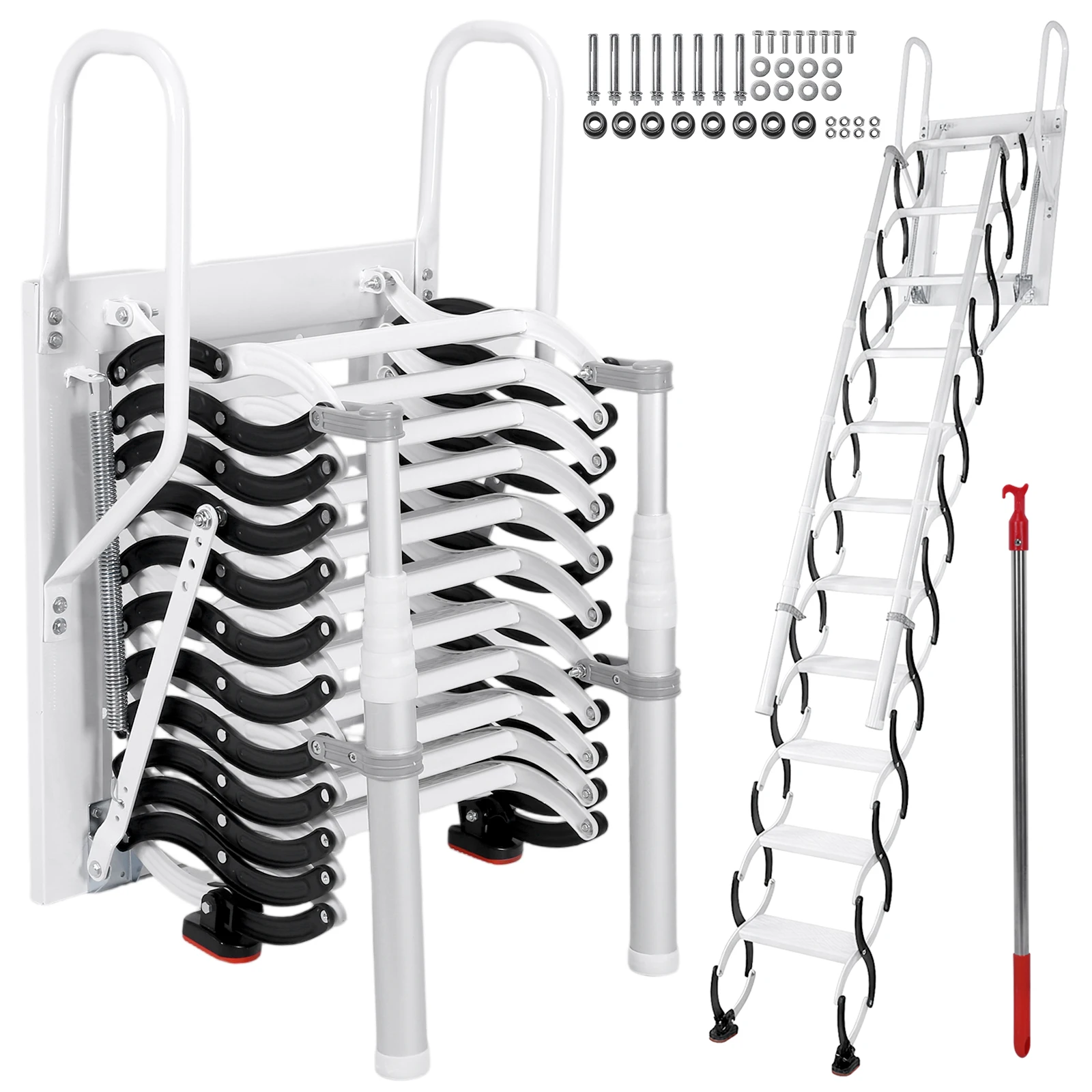 

Настенная телескопическая лестница-стремянка 9/11 ступеней с 2 поручнями для мансарды, кладовой, подвала