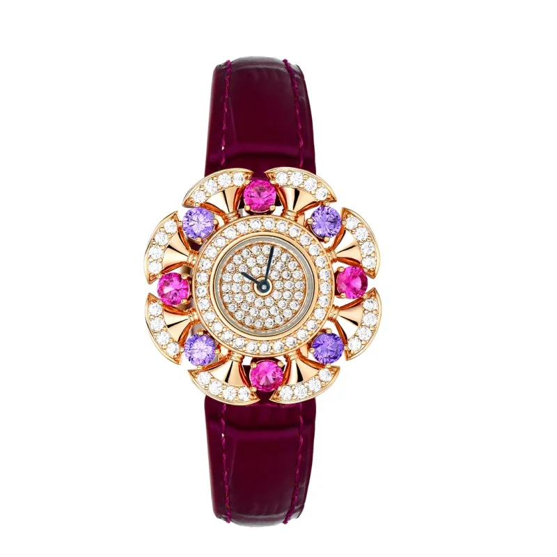 Cameo Vintage Floral Women Quartz Watch Gold Plated Multicolor Cubic Zirconia Purple Leather Strap Ladies Jewelry Wrist Watches