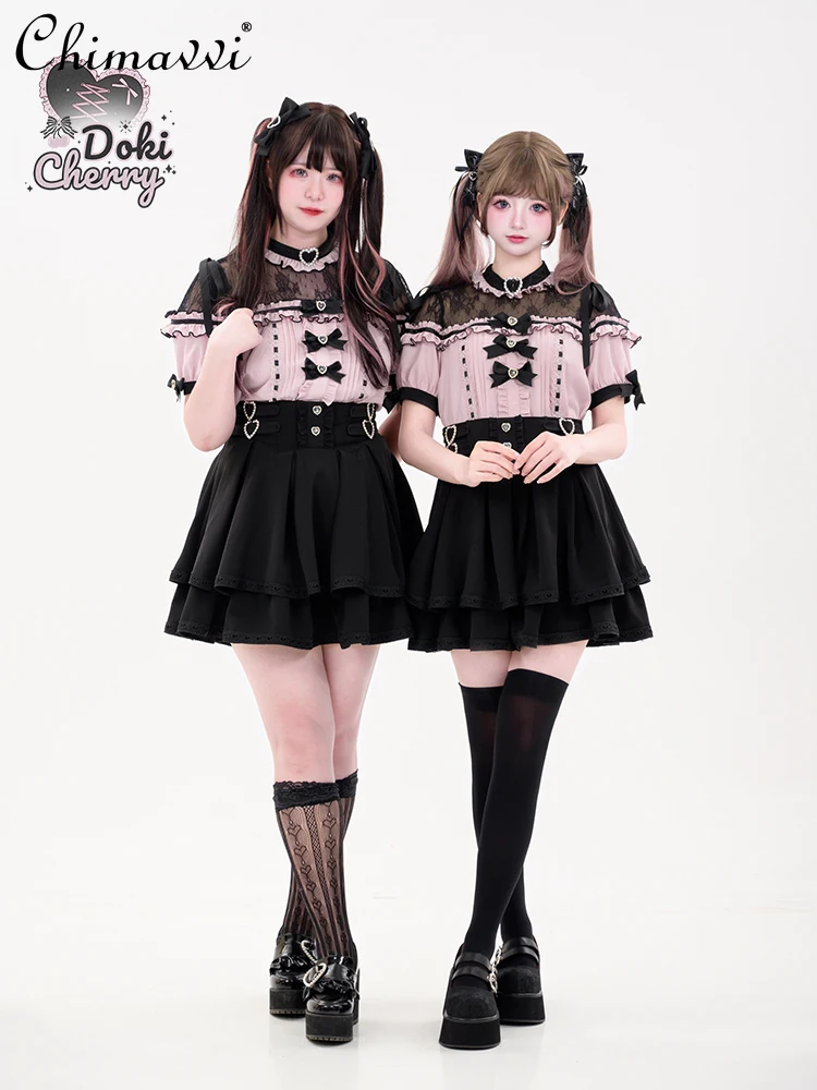 Japanese Girl's Mine Mass-Produced Skirt Sets New 2024 Summer Sweet Cute Short Sleeve Bowknot Shirt Skirt Lolita Women's Outfits